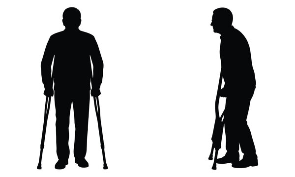 Silhouette vector illustration of an elderly man standing and walking with forearm crutches.