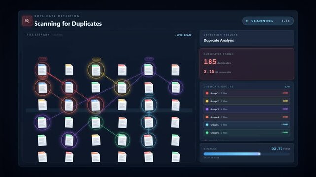 Duplicate file detection interface with cleaning duplicates analysis and storage management on dark dashboard