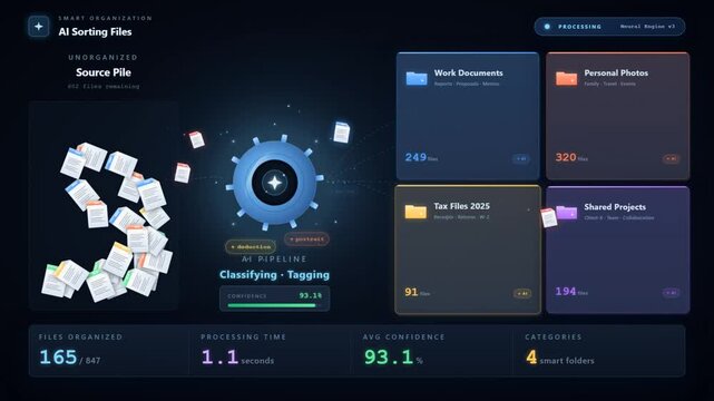 Smart AI sorting file organization dashboard with neural engine classifying documents into folders