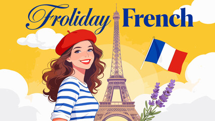 A cheerful woman in a red beret and striped shirt stands in front of the Eiffel Tower with a French flag and lavender. © Warung