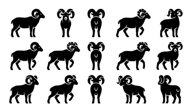 Stylized geometric ram silhouette icon set, male sheep vector collection in dynamic poses and multiple views isolated on white background