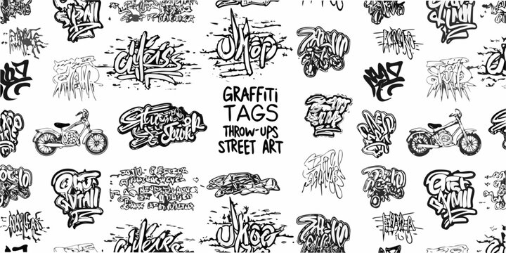 Graffiti Tags And Throw ups Pattern Black And White Illustration