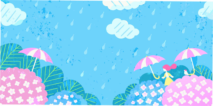 Rainy spring scene with hydrangeas umbrellas and clouds vector illustration