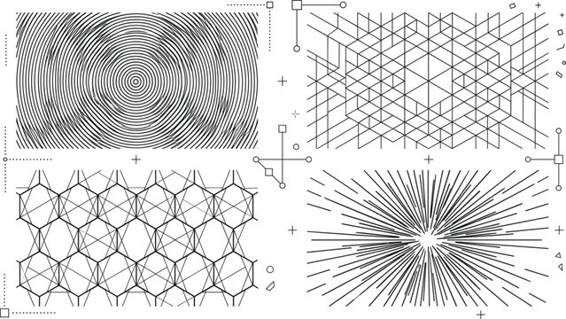 Abstract Geometric Line Pattern Background Set with Concentric Circles Isometric Grid Hexagonal Lattice and Radiating Sunburst