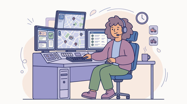 A person with headset works at a desk with multiple computers monitoring emergency calls and dispatching ambulances