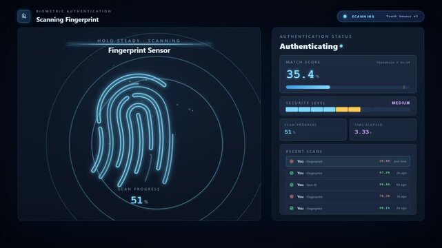 Biometric authentication fingerprint sensor scanning interface with match score and security maximum level dashboard