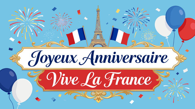 A festive illustration celebrating a French anniversary with fireworks, balloons, and the Eiffel Tower, featuring the text "Joyeux Anniversaire Vive La France".