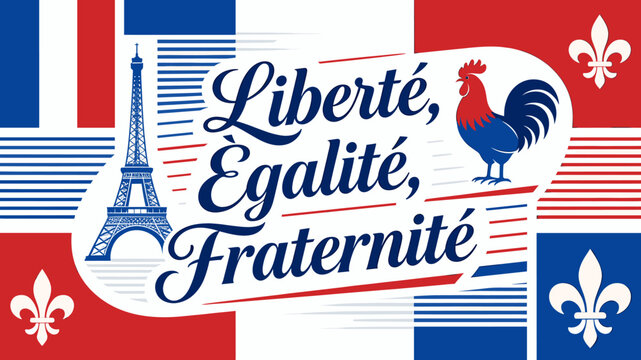 The French national motto "Libert&eacute;, &Eacute;galit&eacute;, Fraternit&eacute;" displayed with iconic French symbols like the Eiffel Tower and a rooster, set against the French flag.