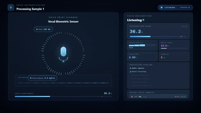 Voice authentication interface with identity confirmed voice verified pitch tone signature analysis and access granted
