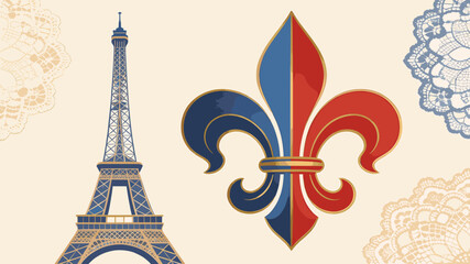 An elegant illustration featuring the Eiffel Tower and a stylized fleur-de-lis, evoking French culture and heritage. © Warung