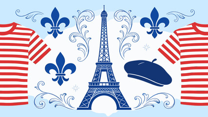 A vibrant illustration of iconic French symbols including the Eiffel Tower, fleur-de-lis, beret, and striped shirts, set against a blue and white background with decorative swirls. © Warung