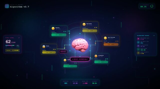 Social media AI engine algorithm dashboard analyzing emotion posts engagement and viral content metrics