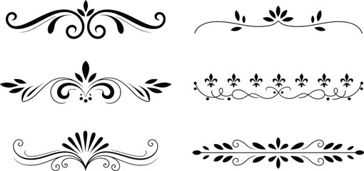 Elegant Calligraphic Page Divider and Text Border Vector Set with Vintage Floral Flourishes, Swirl Ornaments, and Fleur de Lis Accents for Luxury Book Designs © Nurchhana