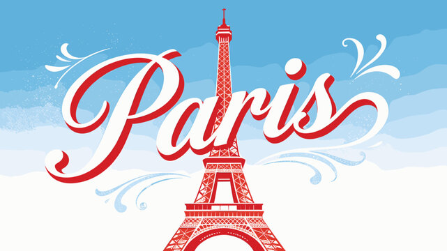 Iconic Eiffel Tower in Paris, France, with the city name elegantly scripted above, set against a vibrant blue sky.