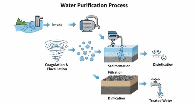 Water Purification Process Diagram Illustration.