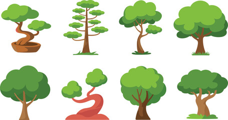 Flat Green Tree and Bonsai Plants Vector Icon Set with Organic Crown Shapes for Nature Eco Environment, Gardening, Landscape Architecture, and Park Designs © Nurchhana