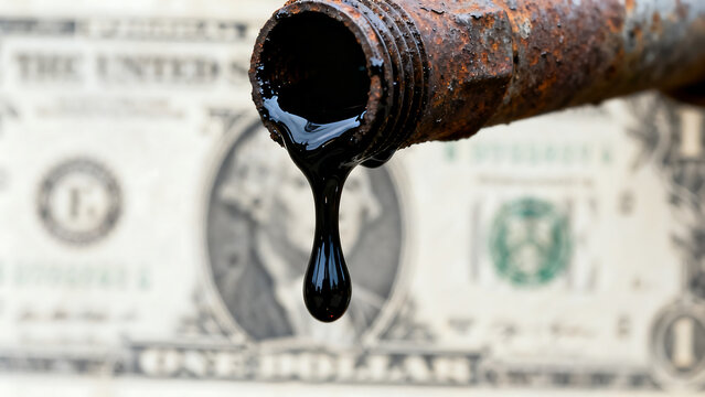 Crude Oil Dripping From Rusty Pipe Over One US Dollar Bill