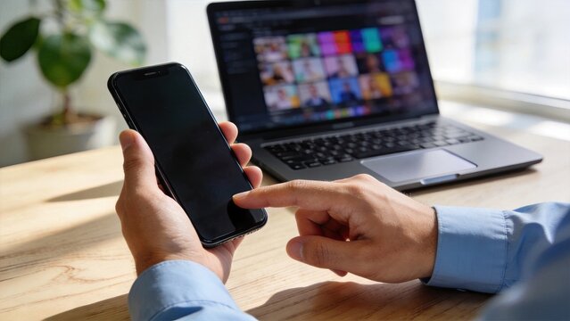 Businessman hand touching black screen smartphone, multitasking with open laptop in background, modern office workspace concept for technology and communication.