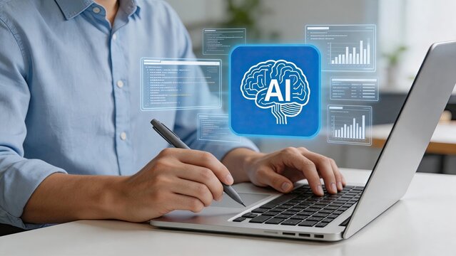 Developer coding with ai brain interface on laptop, machine learning programming, software engineering, data analytics visualization, neural network technology, artificial