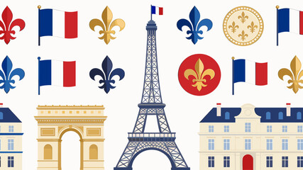 A vibrant collection of iconic French symbols and landmarks, including the Eiffel Tower, Arc de Triomphe, and fleur-de-lis motifs. © Warung