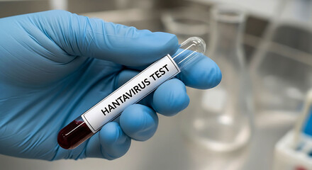 Obraz premium Hantavirus blood test sample in tube held by gloved hand in medical lab