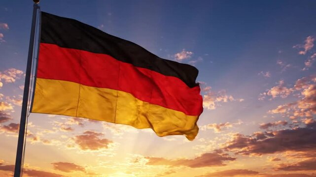 German flag waving against a beautiful sunset sky