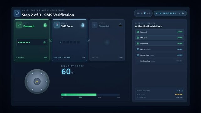 Multi factor authentication MFA complete dashboard with password SMS biometric verification and security score