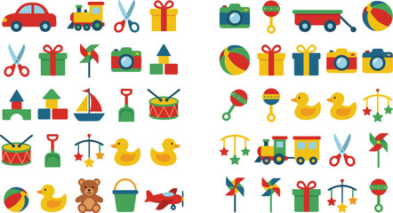 Fototapeta premium Colorful Kids Toy and Birthday Gift Box Vector Icon Set with Trains, Rubber Ducks, Teddy Bears, Building Blocks, and Rattles for Nursery Layouts
