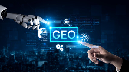 Obraz premium Digital marketing concept featuring GEO strategy. Generative AI search visual shows GEO interface integrating intelligence, logic, and AI input system for prompt tasks. Corpus