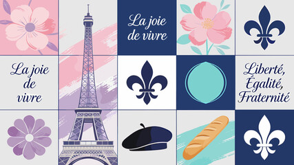 A charming collage celebrating French culture with iconic symbols like the Eiffel Tower, fleur-de-lis, beret, and baguette, alongside floral motifs and French phrases. © Warung