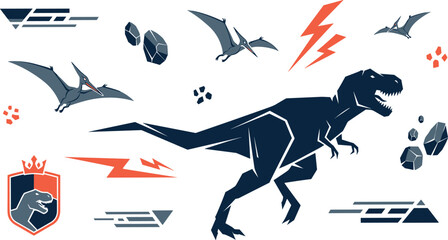 Futuristic Dinosaur Mascot Collection Featuring Tyrannosaurus Rex, Flying Pterodactyls, Lightning Effects, and Jurassic Gaming Emblems for Esports Design Projects © EdGe Creative