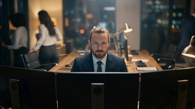 One Man Never Stops &mdash; Corporate Time Lapse Night to Morning as Unstoppable Trader Outlasts Everyone in the Office