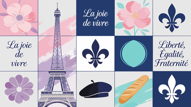 A charming collage celebrating French culture with iconic symbols like the Eiffel Tower, fleur-de-lis, beret, and baguette, alongside floral motifs and French phrases.