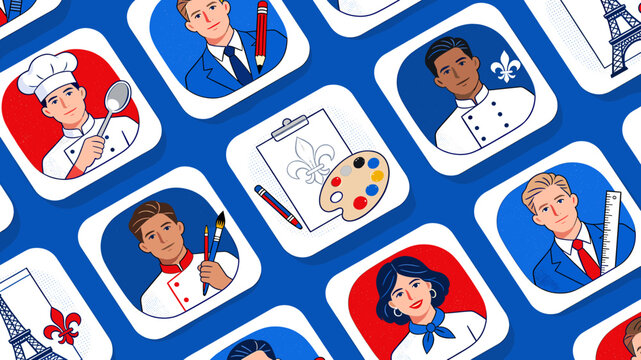 A vibrant collage of illustrated French professions and cultural symbols, set against a blue and white background.