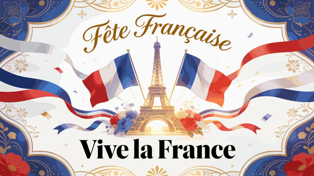 A vibrant illustration celebrating France with the Eiffel Tower, French flags, flowing red, white, and blue ribbons, and festive confetti, featuring the text "F&ecirc;te Fran&ccedil;aise" and "Vive la France".