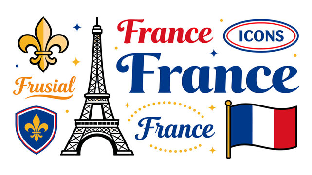 A collection of iconic French symbols and typography, including the Eiffel Tower, fleur-de-lis, and the national flag, representing French culture and heritage.