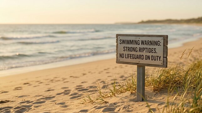 Coastal warning sign on a sunlit beach clearly stating the presence of strong riptides and the absence of a lifeguard, urging caution for ocean safety