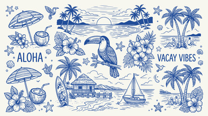 Obraz premium seamless tropical beach and island pattern with palms, ocean, sun, sand, summer vacation illustration design