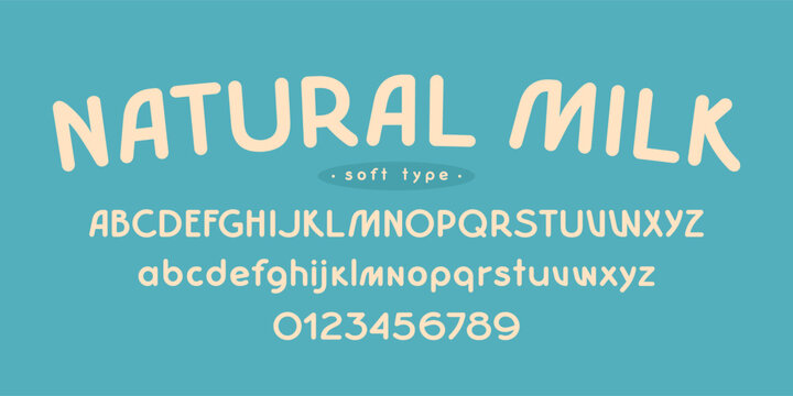 Decorative soft sans serif font with rounded corners. Letters and numbers for emblem and label design. White print on blue background