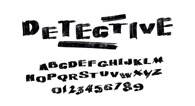 Handwritten brush sans serif font in racing style. Letters and numbers with rough texture for emblem and t-shirt design. Black print on white background