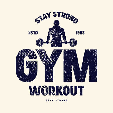 Sport emblem with powerlifter silhouette. Graphic design with rough texture for t-shirt. Black print on white background