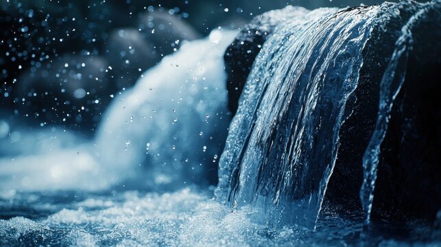 Close-up of flowing water over rocks capturing rapid movement and splashes in a natural stream with cool blue tones and high detail for scenic nature photography