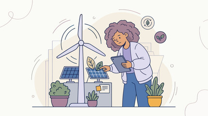 Fototapeta premium Young woman works with solar panels and wind turbine while managing renewable energy development with plants