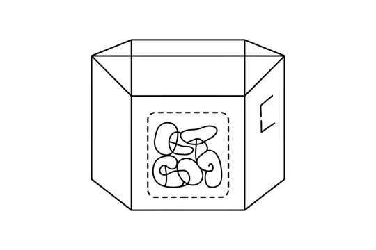 Line of a hexagonal cardboard box with an abstract doodle pattern on the front panel