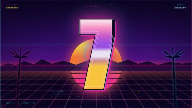 Retro synthwave countdown  with neon sunset palm trees and grid landscape in eighties arcade style