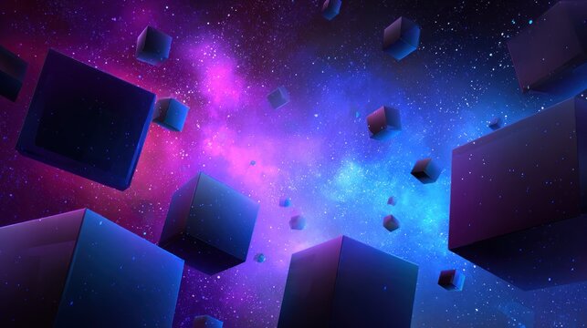 Numerous dark geometric shapes float within a vibrant cosmic nebula of pink and blue light