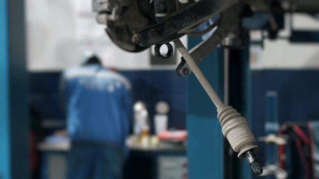 Close up of vehicle lift mechanism in auto repair workshop with mechanic working in background during maintenance service.
