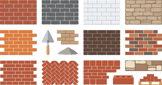 Brick Wall and Masonry Construction Texture Collection Featuring Stone Blocks Red Bricks Mortar Patterns and Building Material Vector Elements Set