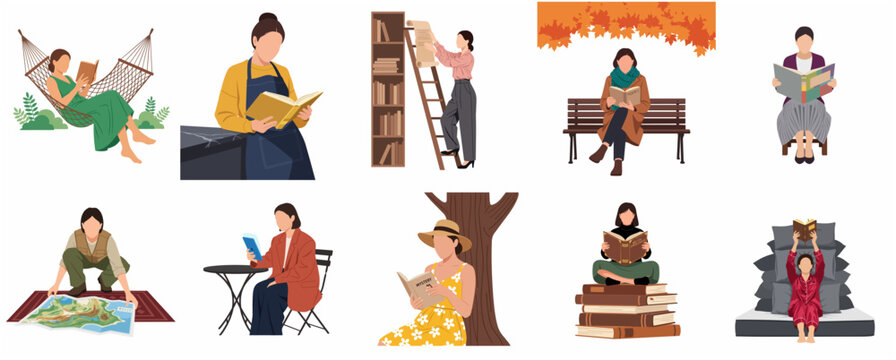 Flat illustration collection of diverse people reading books and maps in different environments such as libraries, parks, and homes