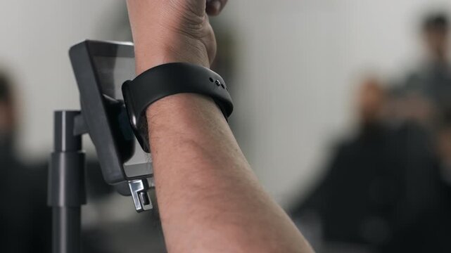 Close up of person paying with smartwatch using contactless payment terminal in retail environment with cashless technology.
